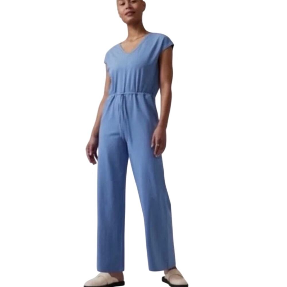 Athleta Willow Jumpsuit Medium tall Color Blue Drawstring Waist Wide Leg V- Neck